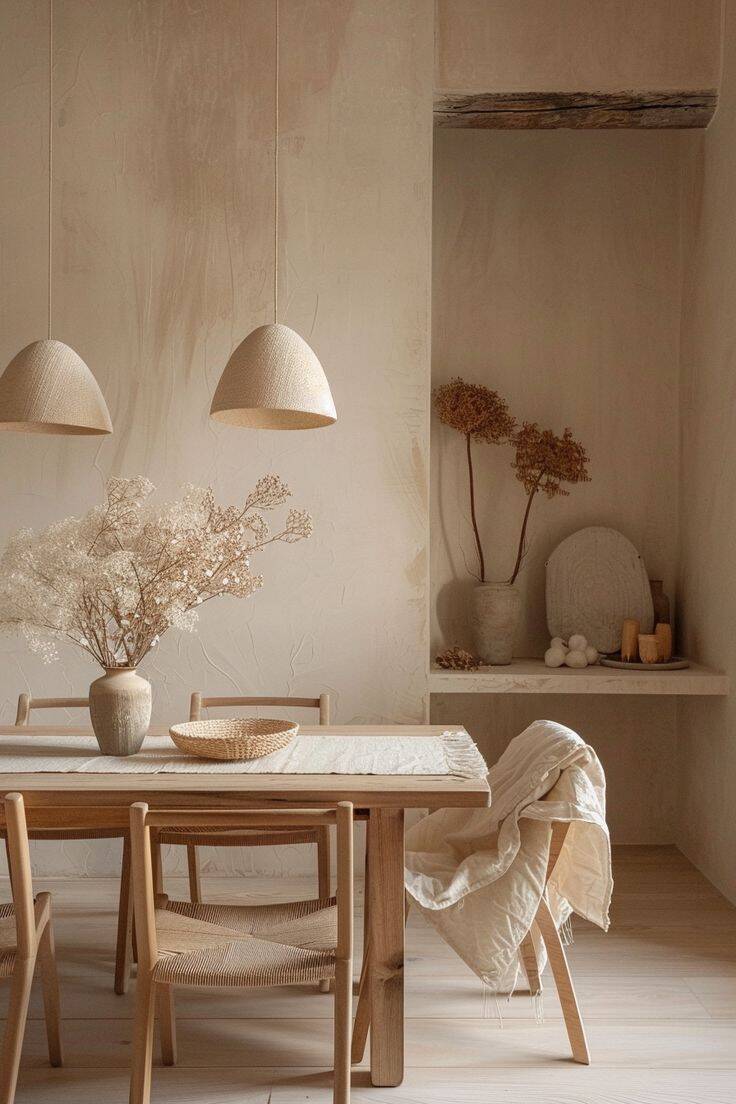Dining room inspiration with a timber table, woven chairs and softly textured pendant lights