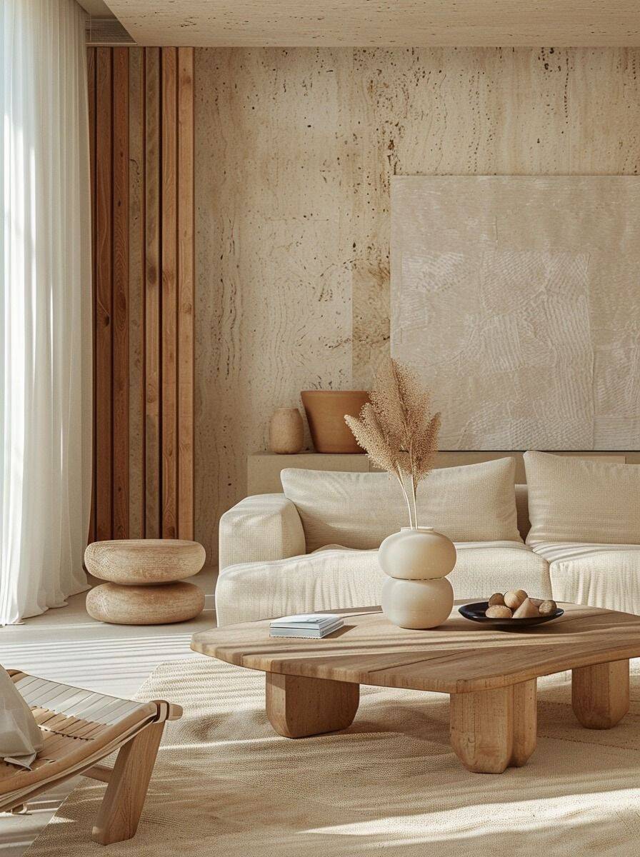 Light-filled living room with natural oak furniture, soft cream upholstery and sculptural ceramics